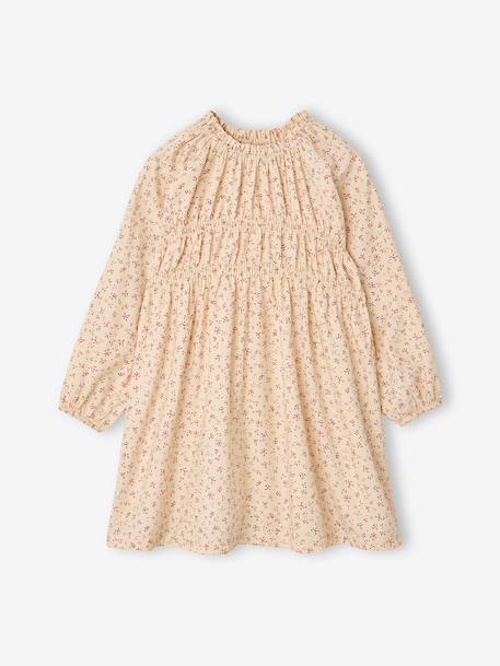 Short dress with long sleeves for girls cinnamon+ecru 