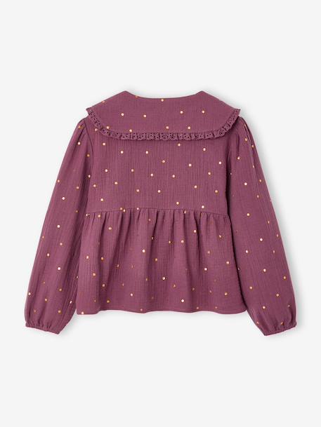 Shirt in Cotton Gauze with Broderie Anglaise Collar, for Girls ecru+plum 
