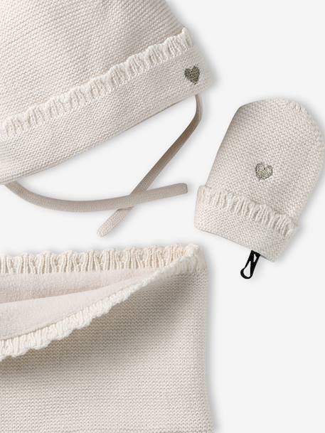 3-piece knit hat, snood and mittens set for baby girls ecru 
