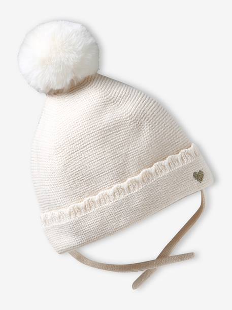 3-piece knit hat, snood and mittens set for baby girls ecru 