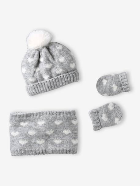 Knitted hat, snood and mittens set for baby girls marl grey 