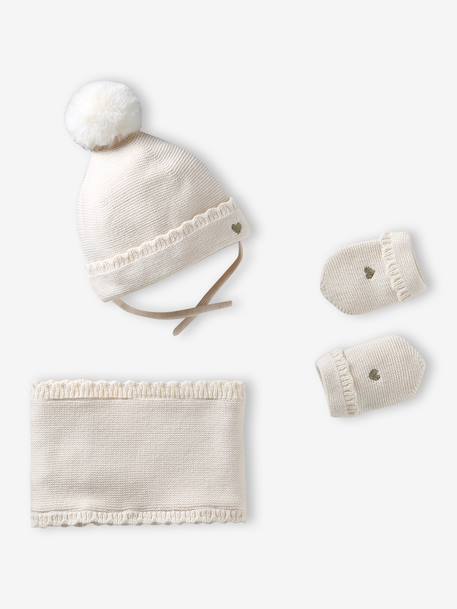 3-piece knit hat, snood and mittens set for baby girls ecru 
