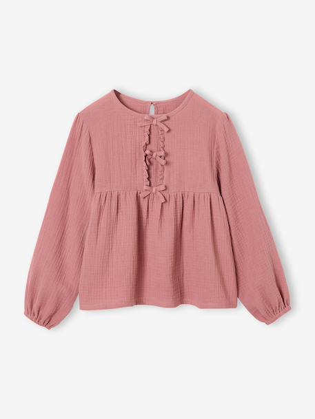 Long-sleeved blouse for girls blush+ecru 