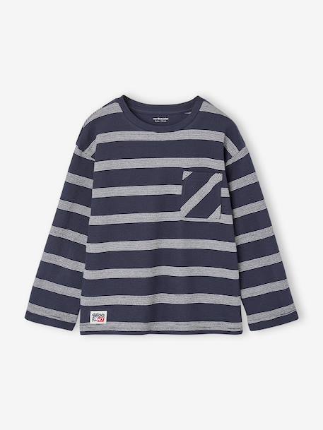 Long-Sleeved T-Shirt with Striped Effect for Boys navy blue+striped white 