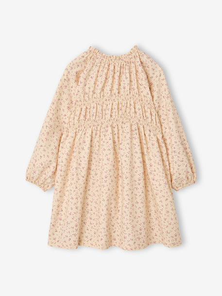 Short dress with long sleeves for girls cinnamon+ecru 