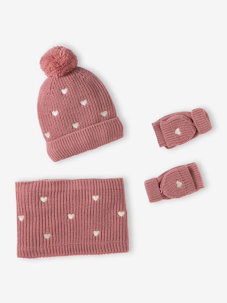 3-piece knit hat, snood and mittens set for girls rose 
