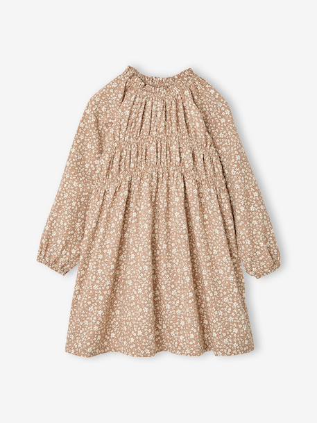 Short dress with long sleeves for girls cinnamon+ecru 