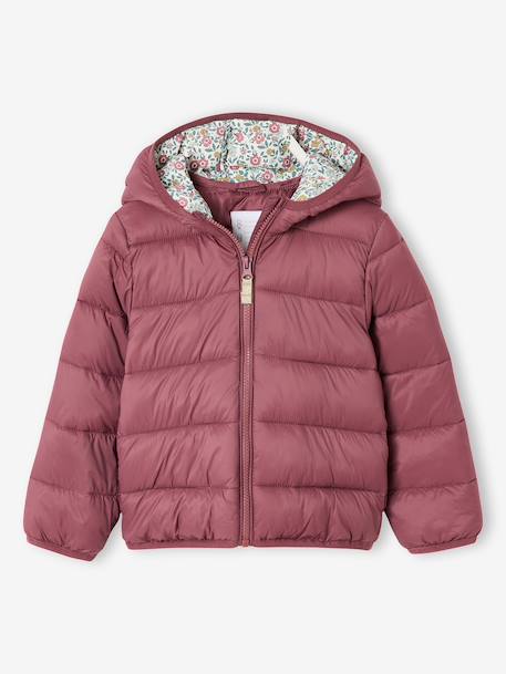 Lightweight hooded puffer jacket for girls grey green+lilac+navy blue+plum+rose 
