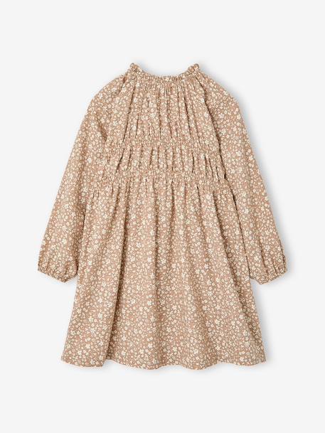 Short dress with long sleeves for girls cinnamon+ecru 