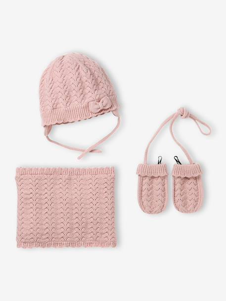 Baby knit hat, snood and mittens set rosy 