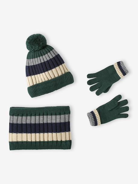 Tricolour Set for Boys: Beanie + Snood + Mittens/Gloves green+night blue 
