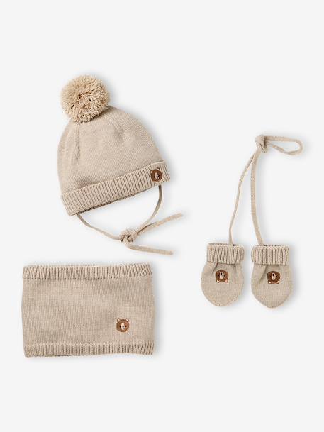 Baby hat, snood and mittens set beige 