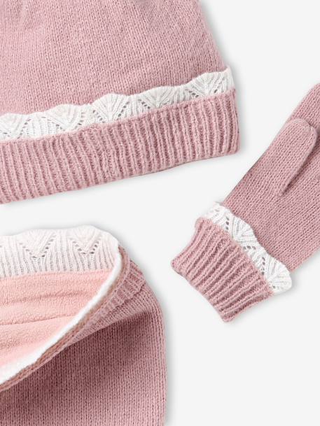 Girls knitted hat, snood and gloves set pale pink 