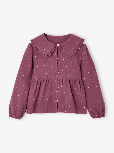 Shirt in Cotton Gauze with Broderie Anglaise Collar, for Girls ecru+plum 
