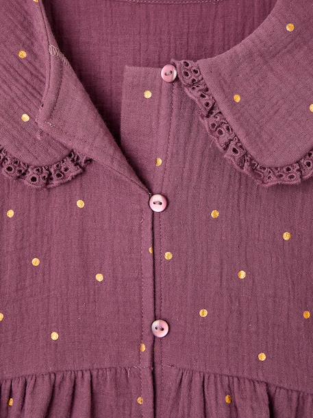 Shirt in Cotton Gauze with Broderie Anglaise Collar, for Girls ecru+plum 