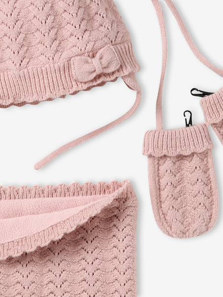Baby knit hat, snood and mittens set rosy 