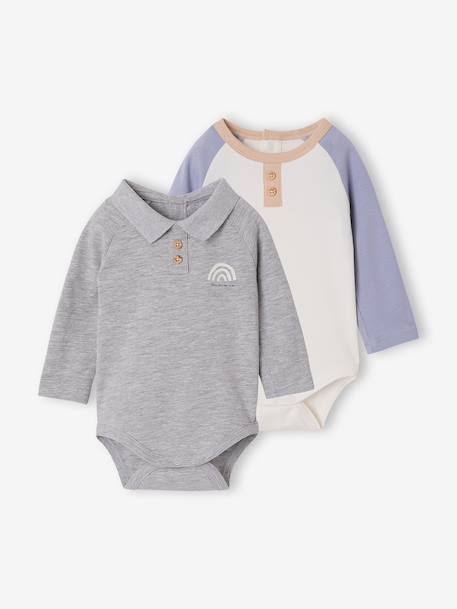 Pack of 2 newborn long-sleeved polo collar bodysuits marl grey 