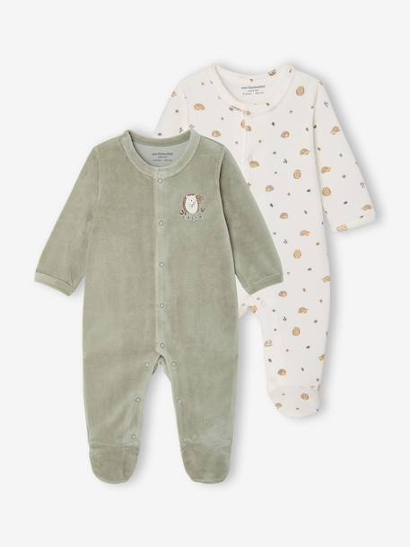 Pack of 2 baby sleepsuits with front opening cappuccino+pale pink+sage green 