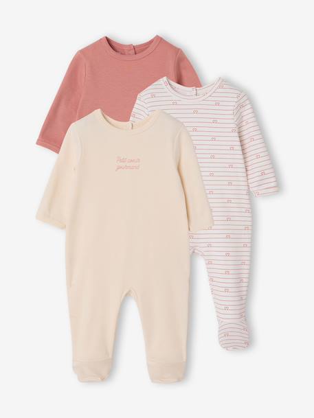 Pack of 3 baby sleepsuits with back opening ecru+sage green 