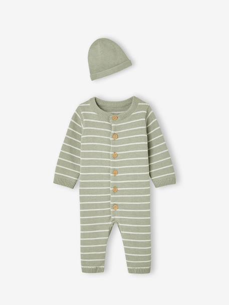 Knitted playsuit and hat set for baby sage green 