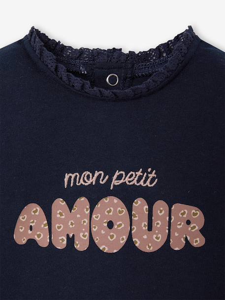 Long-sleeved baby t-shirt with leopard heart pattern ecru+navy blue 
