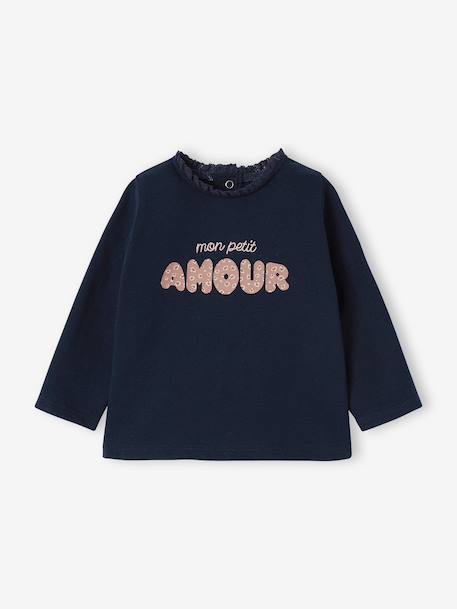 Long-sleeved baby t-shirt with leopard heart pattern ecru+navy blue 