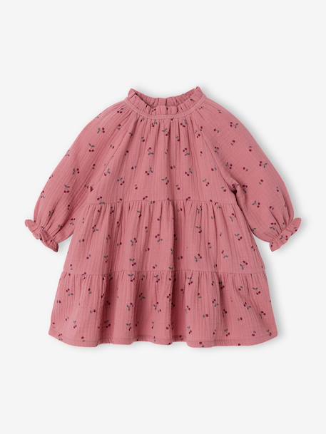Ruffled Dress in Cotton Gauze, for Girls old rose+rose+taupe 
