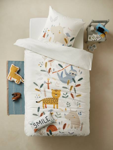 Children's Duvet Cover + Pillowcase Set, JUNGLE PARADISE White/Print 