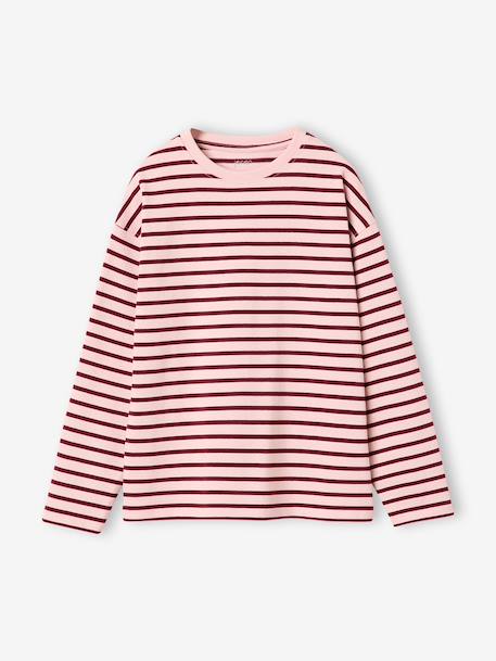 Long-sleeved striped T-shirt for girls dusky pink+ecru 