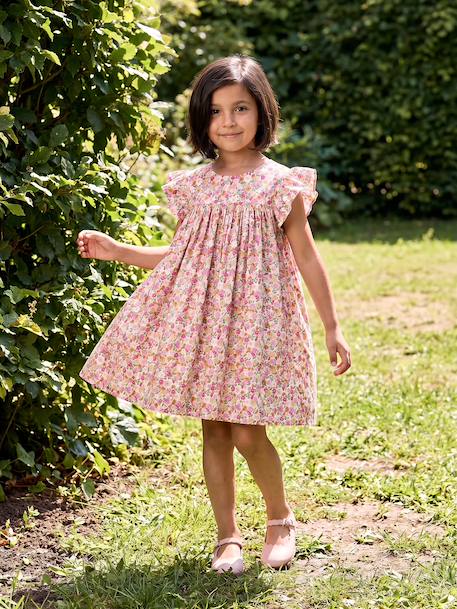 Ruffled, Short Sleeve Dress with Prints, for Girls emerald green+pale pink+printed white 