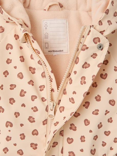 Fleece-lined baby's hooded printed rainsuit old rose+vanilla 