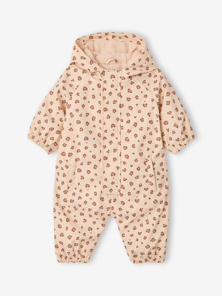 Fleece-lined baby's hooded printed rainsuit old rose+vanilla 