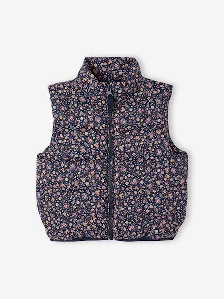 Sleeveless Lightweight Jacket with Floral Pattern for Girls navy blue+printed pink 