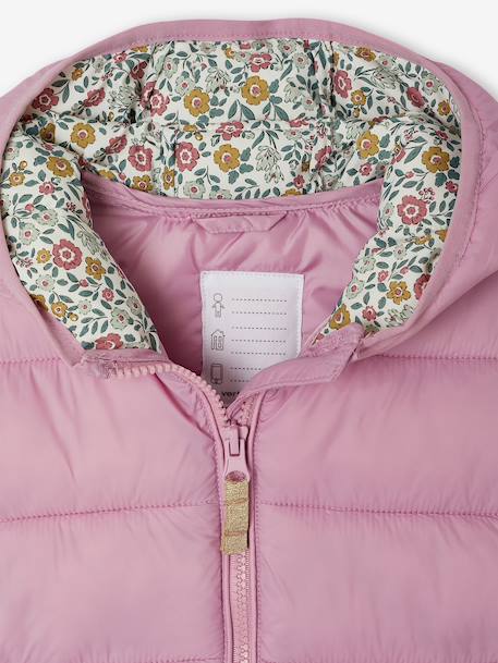 Lightweight hooded puffer jacket for girls grey green+lilac+navy blue+plum+rose 