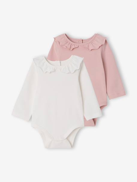 Pack of 2 newborn long-sleeved bodysuits with frilled collar pale pink 