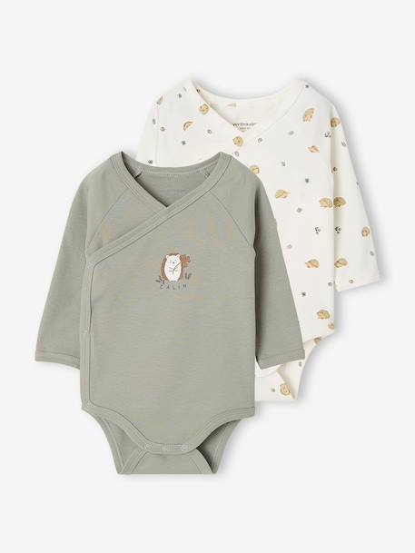Pack of 2 long-sleeved newborn bodysuits cappuccino+pale pink+sage green 