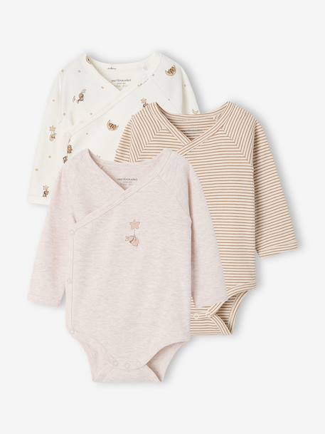 Pack of 3 long-sleeved newborn bodysuits cappuccino 