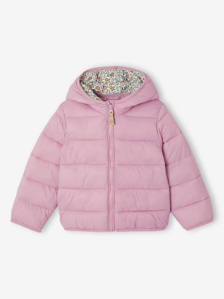 Lightweight hooded puffer jacket for girls grey green+lilac+navy blue+plum+rose 