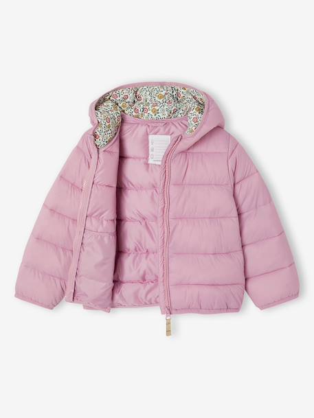 Lightweight hooded puffer jacket for girls grey green+lilac+navy blue+plum+rose 
