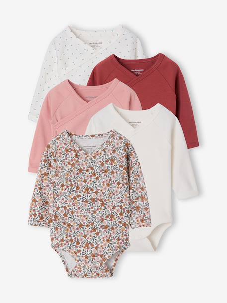 Pack of 5 evolving long-sleeved bodysuits for baby girls rose 