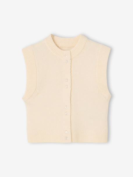 Sleeveless knitted cardigan with front button for girls lilac+vanilla 