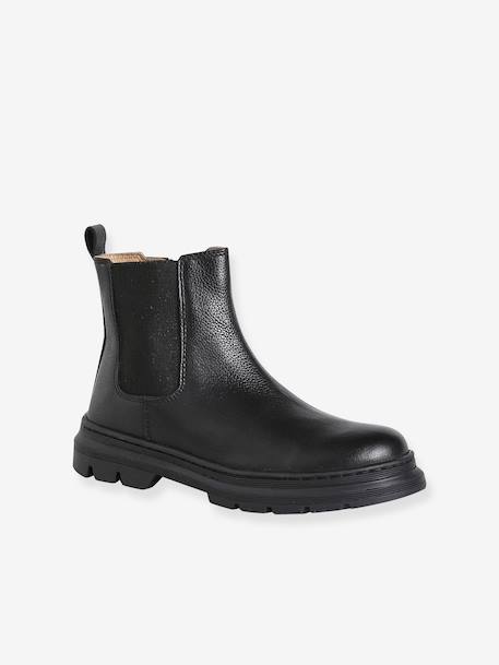 Girls' elasticated and zipped leather boots black+camel 