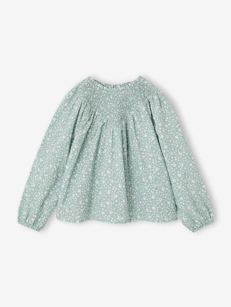 Girl's blouse with smocked sleeves ivory+pale pink+sage green+vanilla 