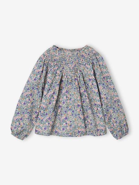 Girl's blouse with smocked sleeves ivory+pale pink+sage green+vanilla 