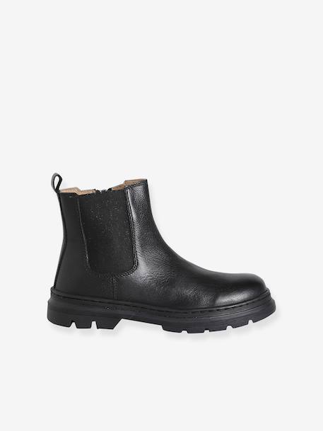 Girls' elasticated and zipped leather boots black+camel 