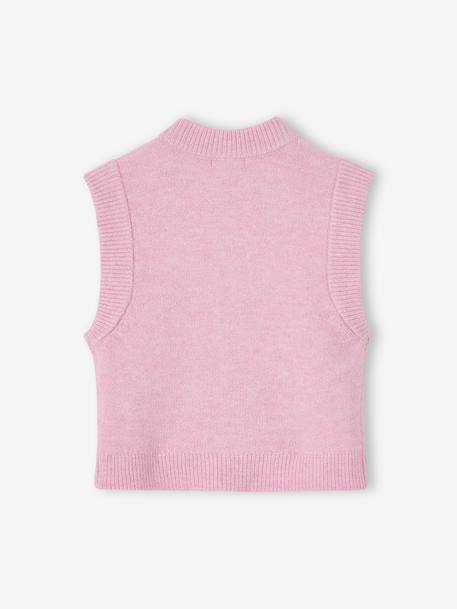 Sleeveless knitted cardigan with front button for girls lilac+vanilla 