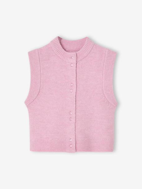 Sleeveless knitted cardigan with front button for girls lilac+vanilla 