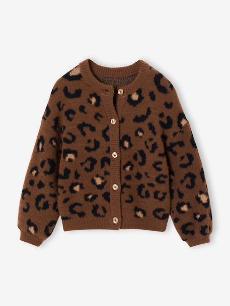 Knitted Cardigan with Animal Pattern, for Girls brown+chocolate+ecru+green 