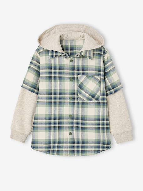 2-in-1 Two Fabric Shirt for Boys chequered green+chequered white 