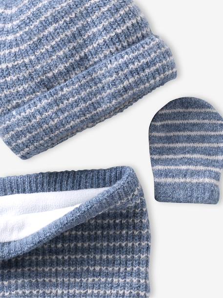 Baby boys hat, snood and mittens set ocean blue+taupe 